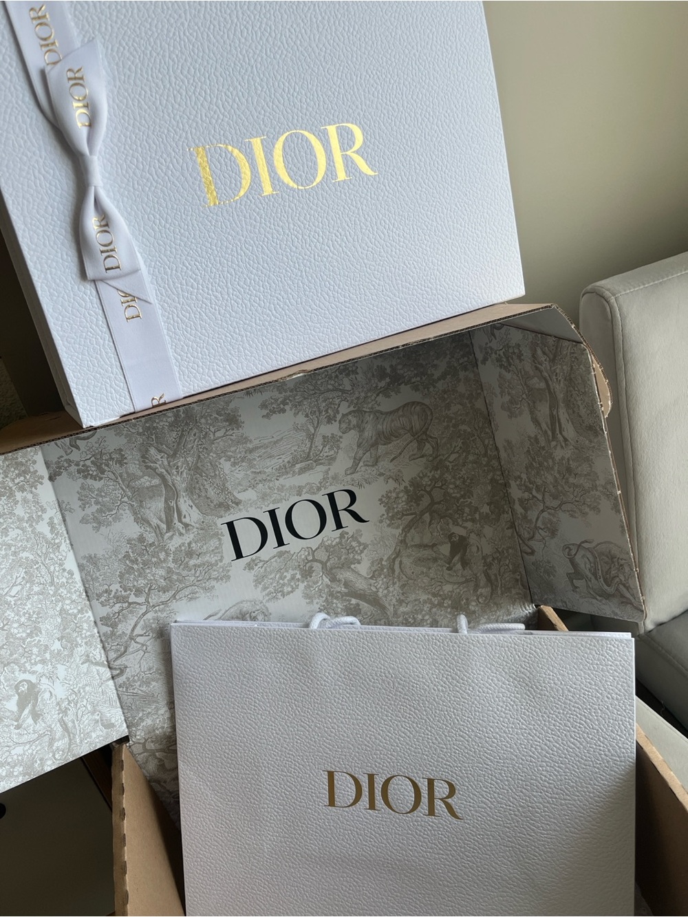 Dior White Box with Gold Logo and Ribbon and large shopping bag